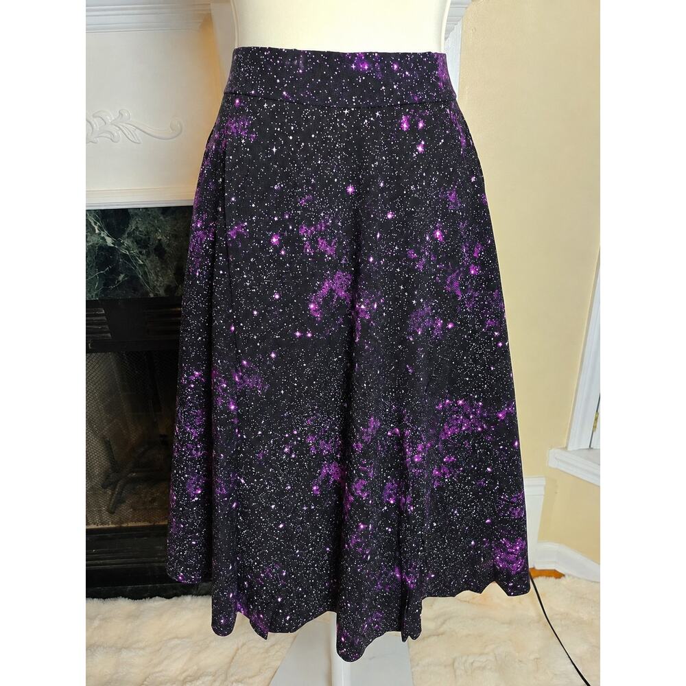 Tulip B Womens X-Large NWT Black Purple Galaxy Print A Line Midi Skirt Pockets - Picture 2 of 7